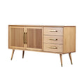 **Technische titel in het Nederlands: Modern houten dressoir met roestvrijstalen handgrepen en verticale ribbelstructuur**