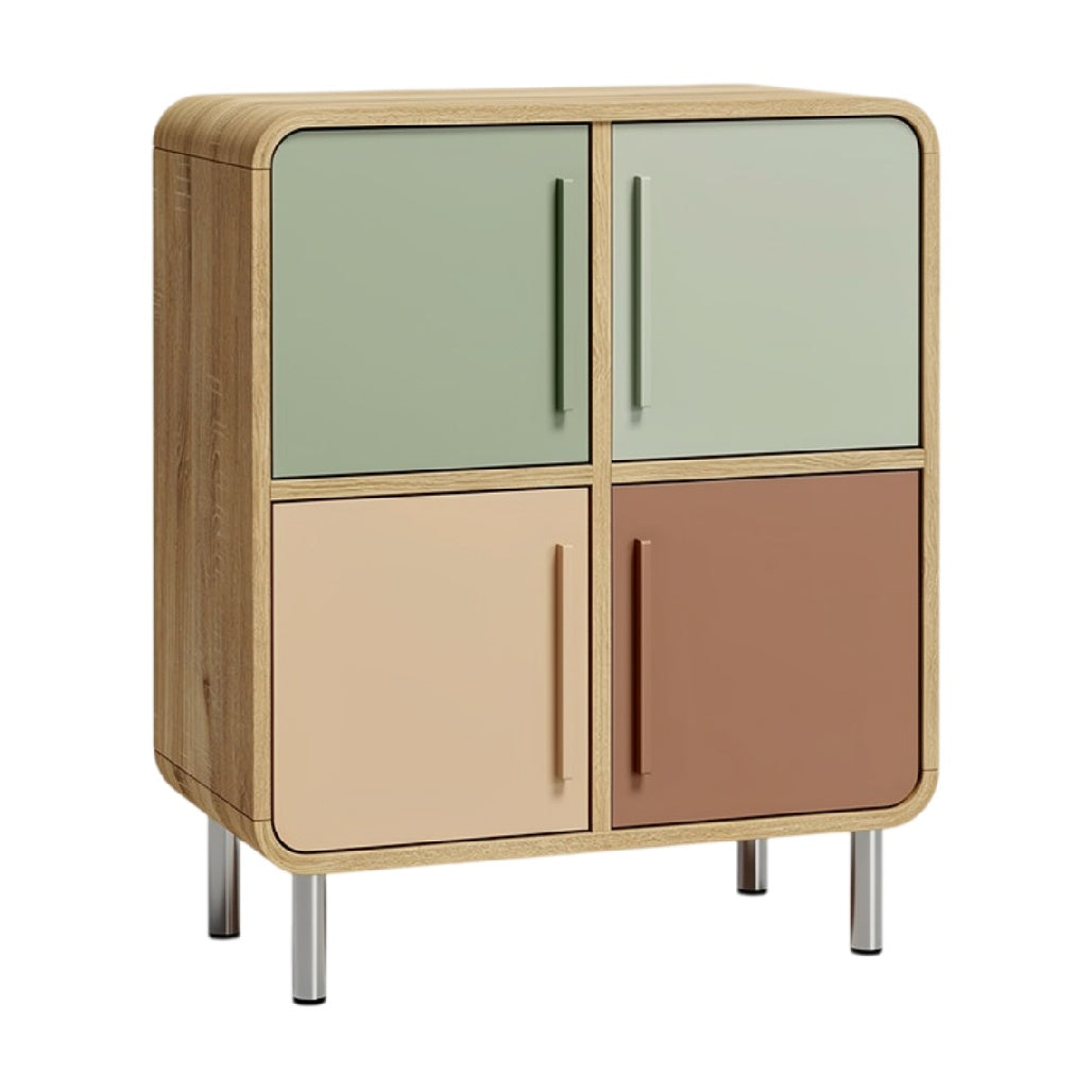 **Moderne kast met kleurrijke deurtjes en houten afwerking**