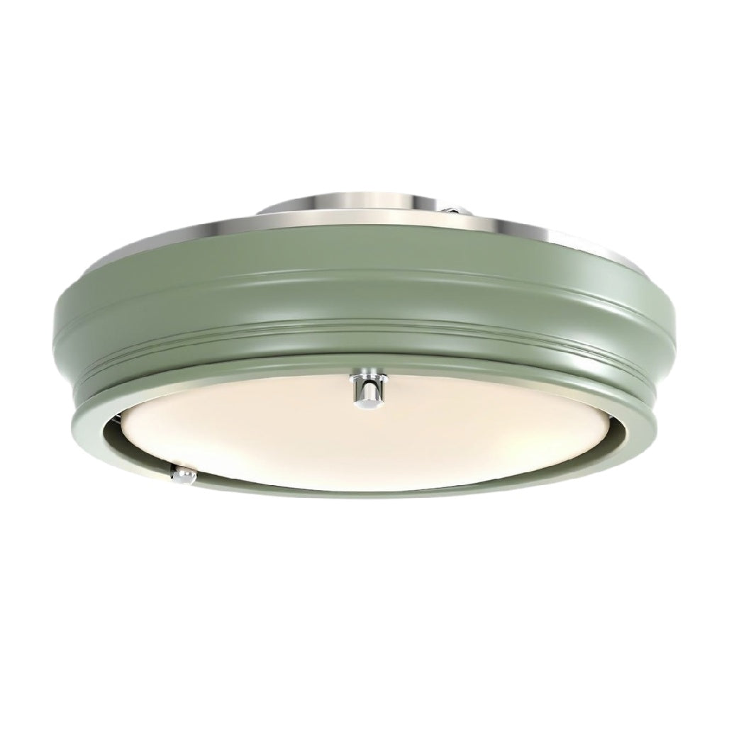 **Modern plafondlamp met matglazen diffuser en groen metalen afwerking**