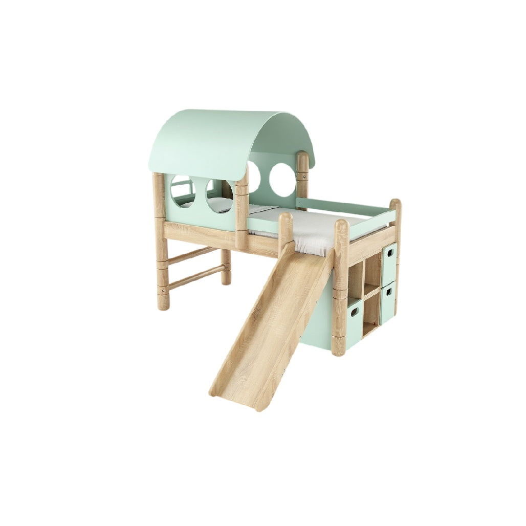 **Technische titel in het Nederlands:**  **Houten speelbed met glijbaan en tentdak**